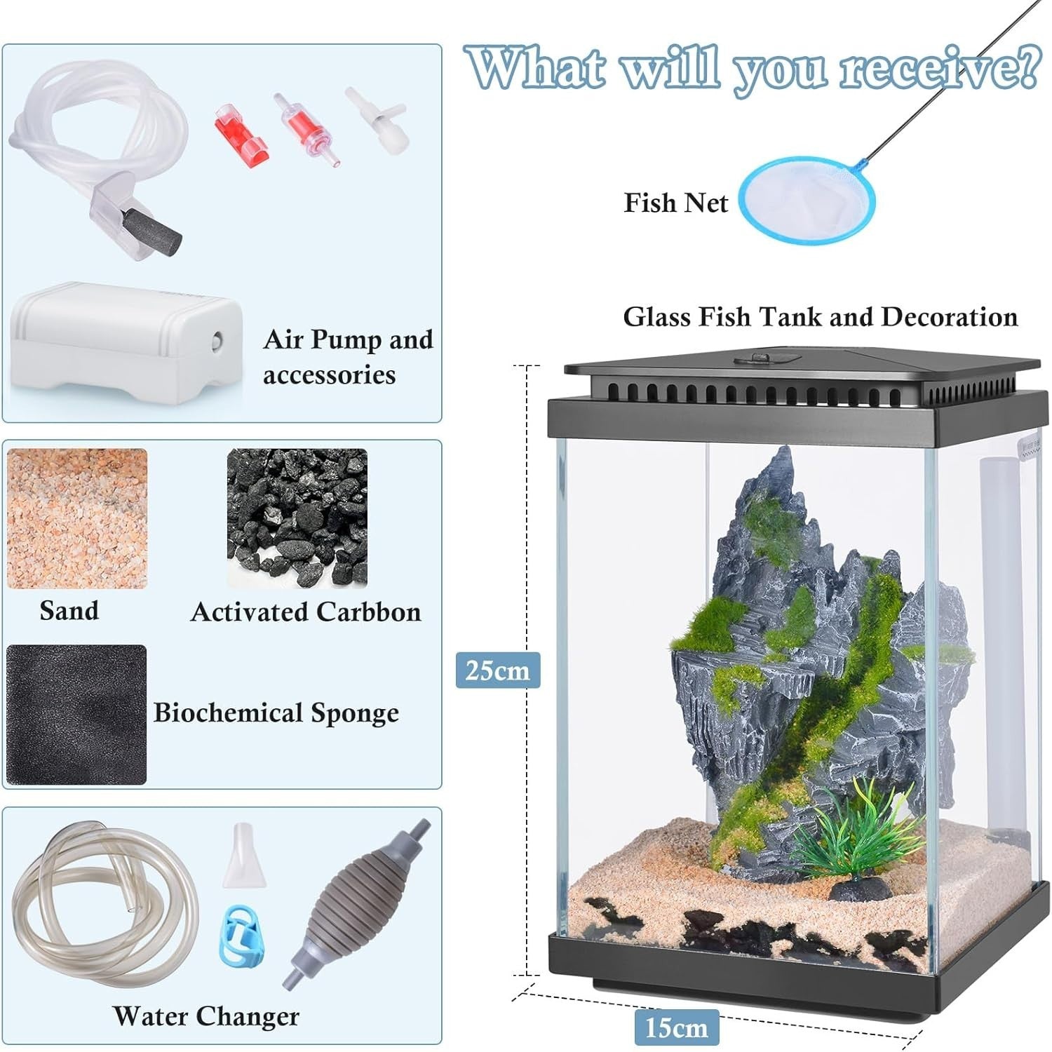 4L Mini Glass Fish Tank Starter Kit Black with LED Light, Air Pump & Accessories