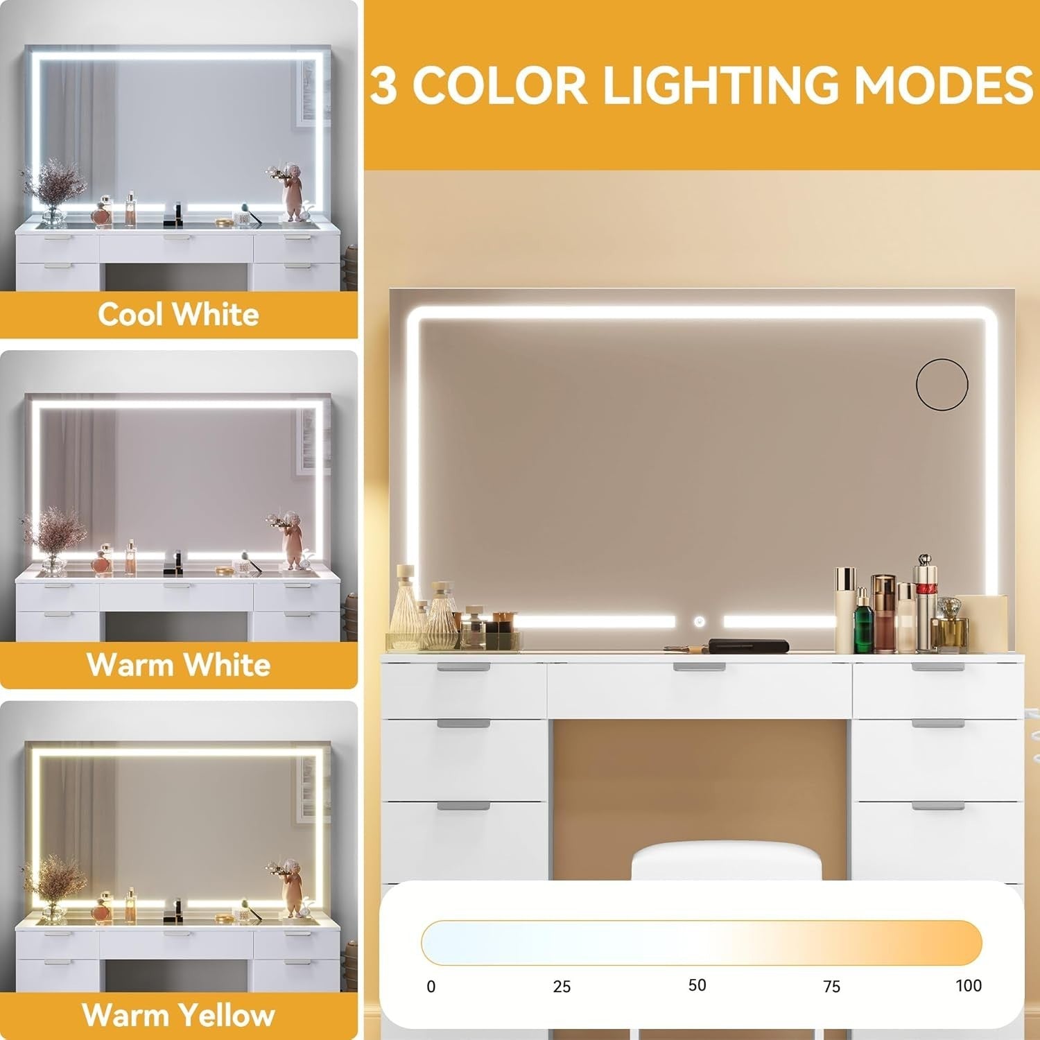 Makeup Vanity Table Glass Top 11-Drawer LED Mirror USB Charging Station White