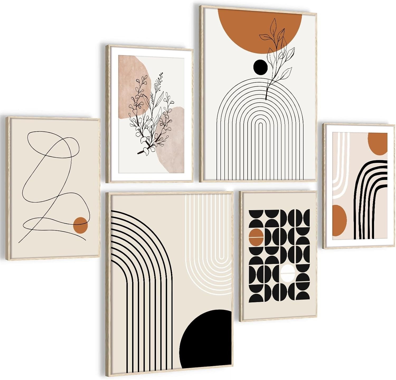 Boho Abstract Wall Art Set of 6 Framed Canvas Prints Living Room Bedroom