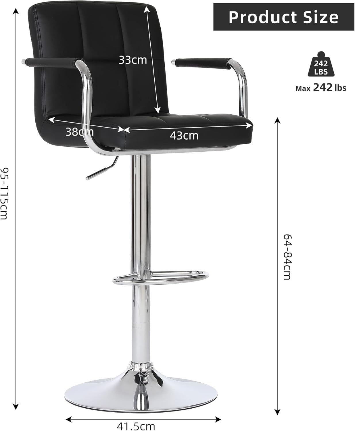 2PCS Black Adjustable Cuban Bar Stools PU Leather Arms Backrest