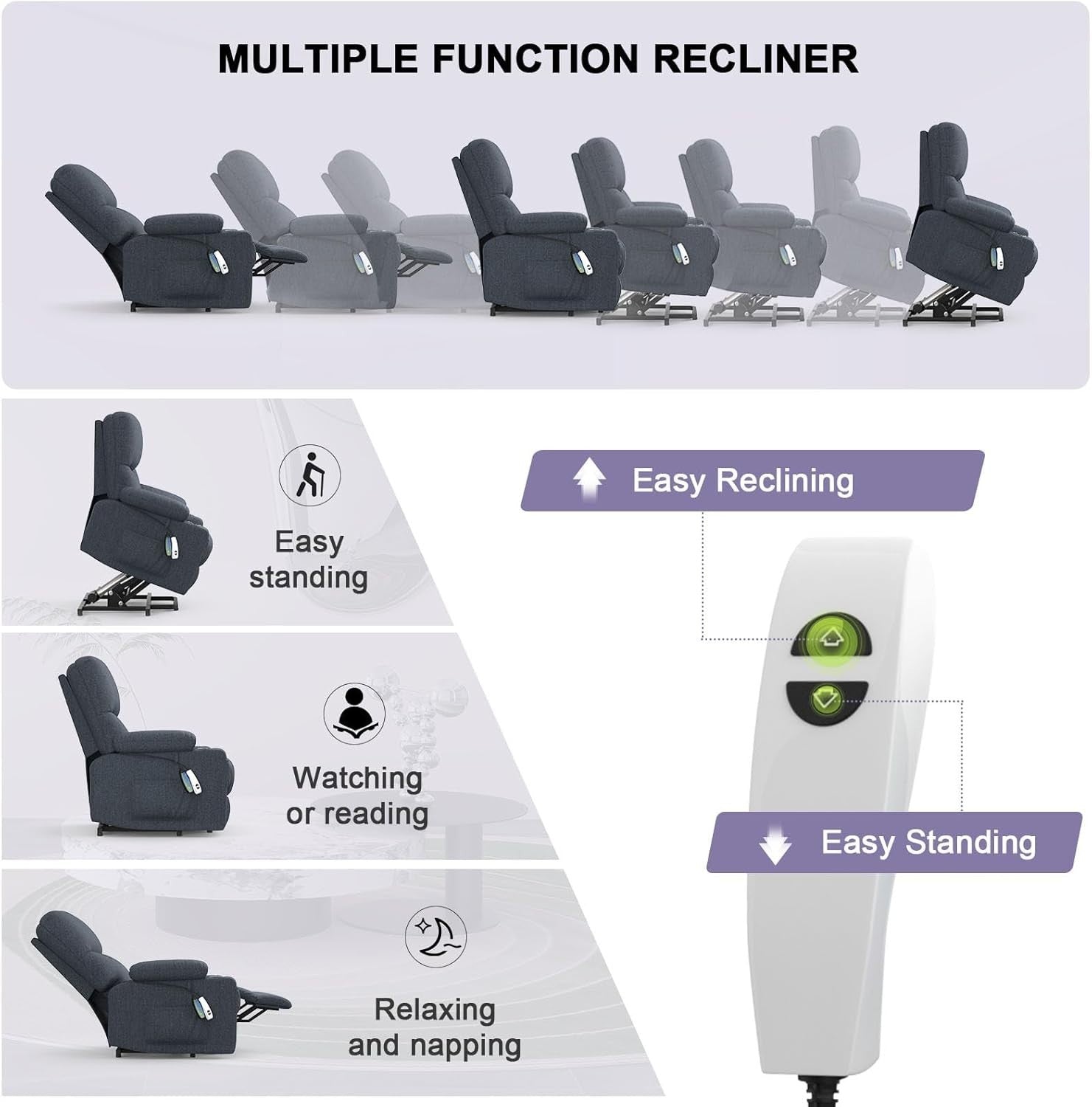 Electric Lift Recliner Chair Oversized Massage Heat USB Type-C Dark Blue Sofa