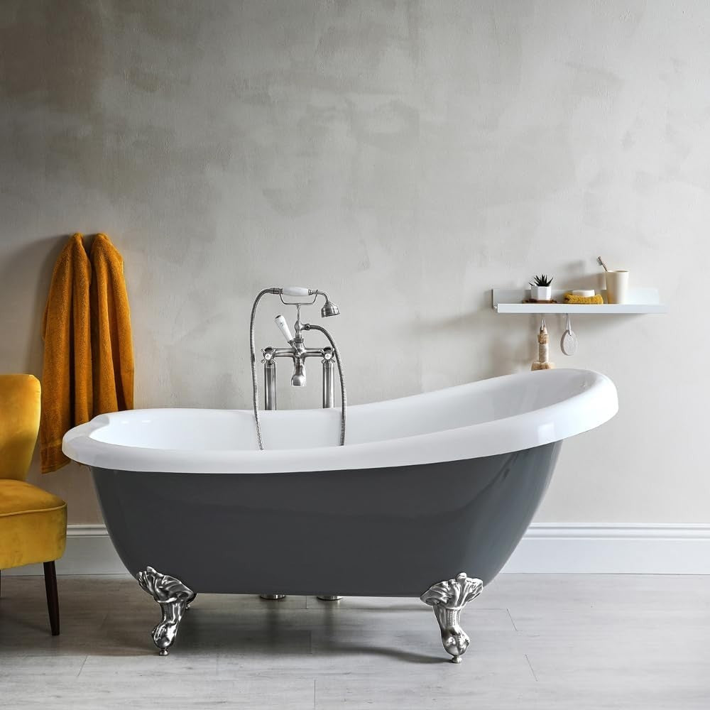 1710x740mm Freestanding Double Ended Slipper Bath Stone Grey Acrylic w/ Chrome
