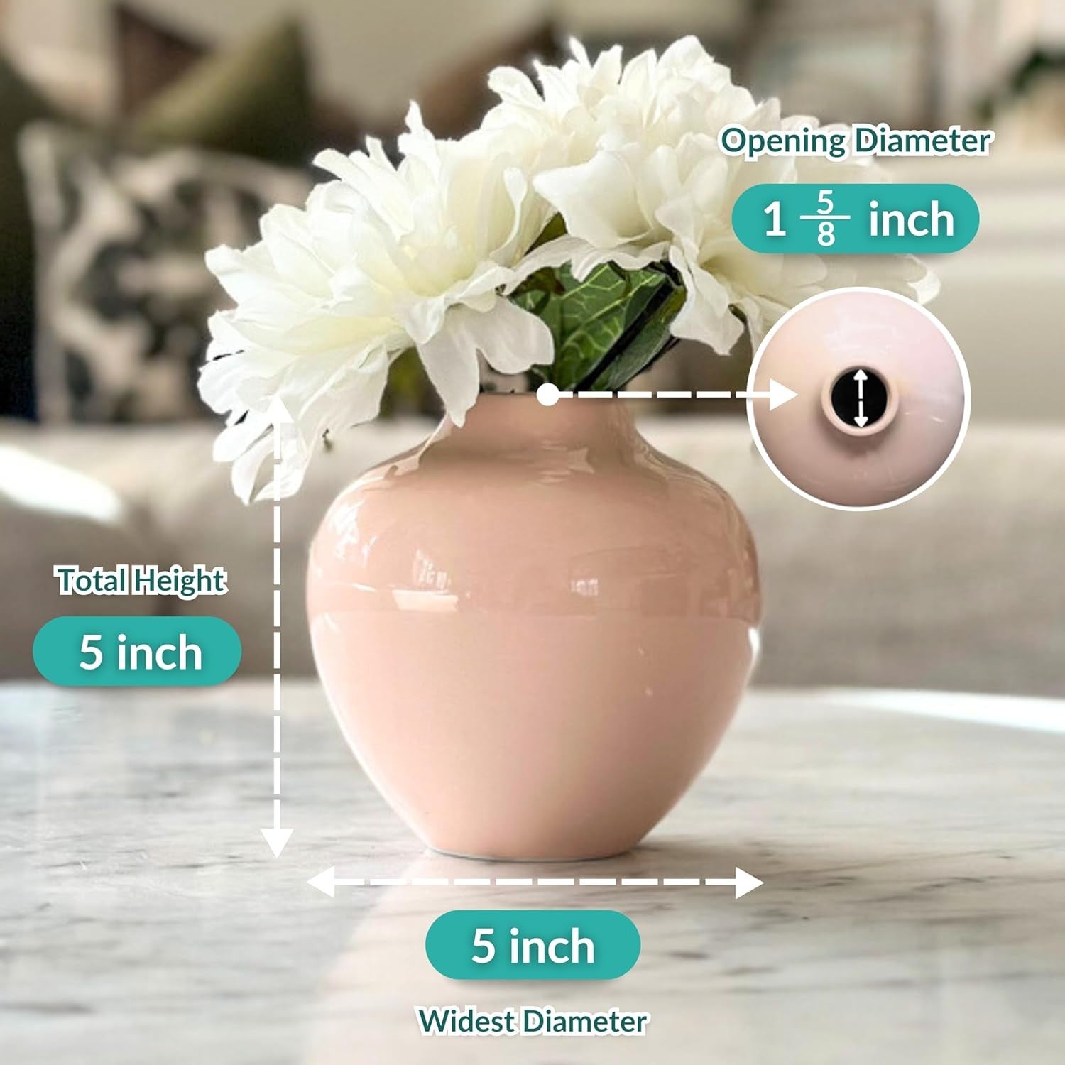 Small Pink Ceramic Vase 13cm Glossy Round Flower Table Centrepiece