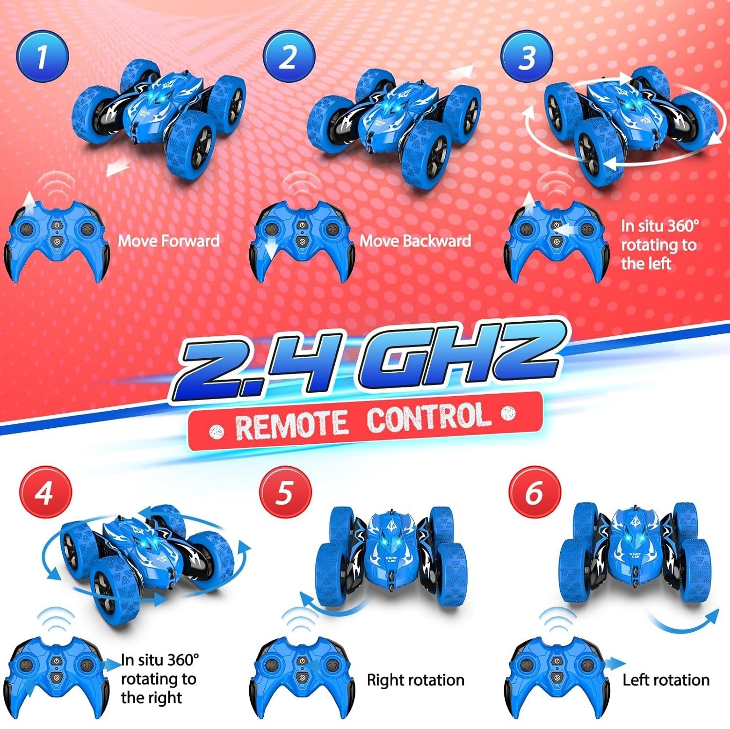 360° Flip RC Stunt Car 4WD LED Lights USB Rechargeable Toy for Boys Age 3–9