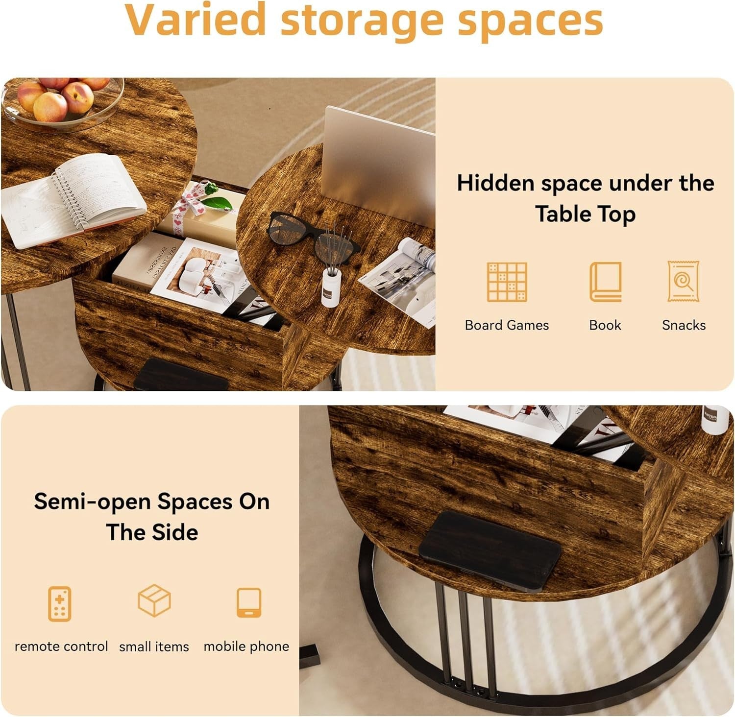 Round Nesting Coffee Table Set Lift Top Storage Wood Rustic Brown Easy Assembly