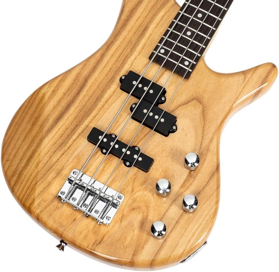 Full Size 4 String Electric Bass Guitar Beginner Kit Natural Wood