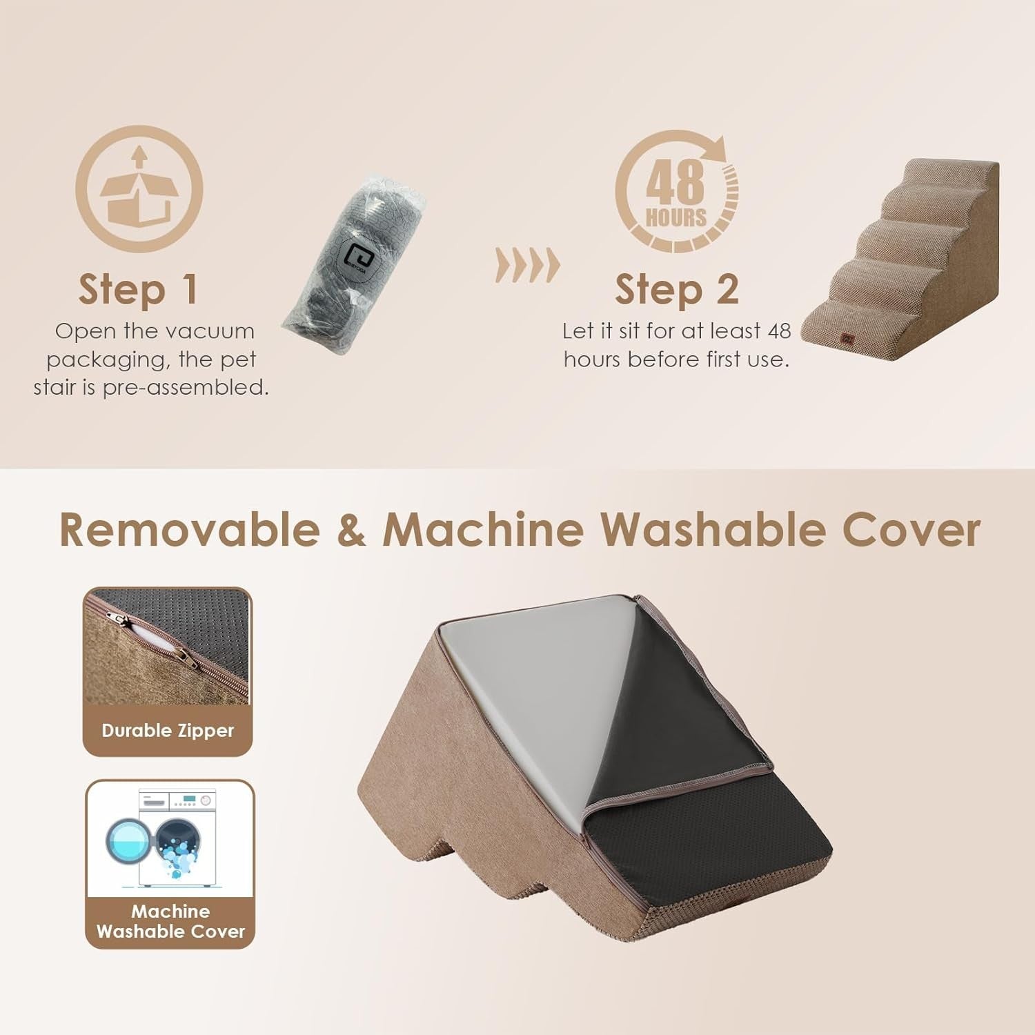 5 Step Dog Stairs for High Bed Non Slip Foam Pet Steps Washable Camel