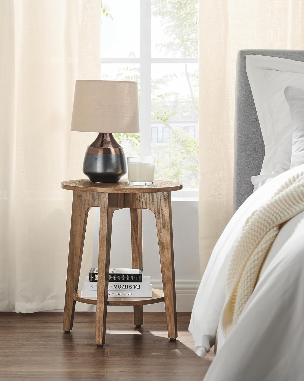 Rustic Round Side Table with Shelf, Small Bedside End Table for Living Rooms