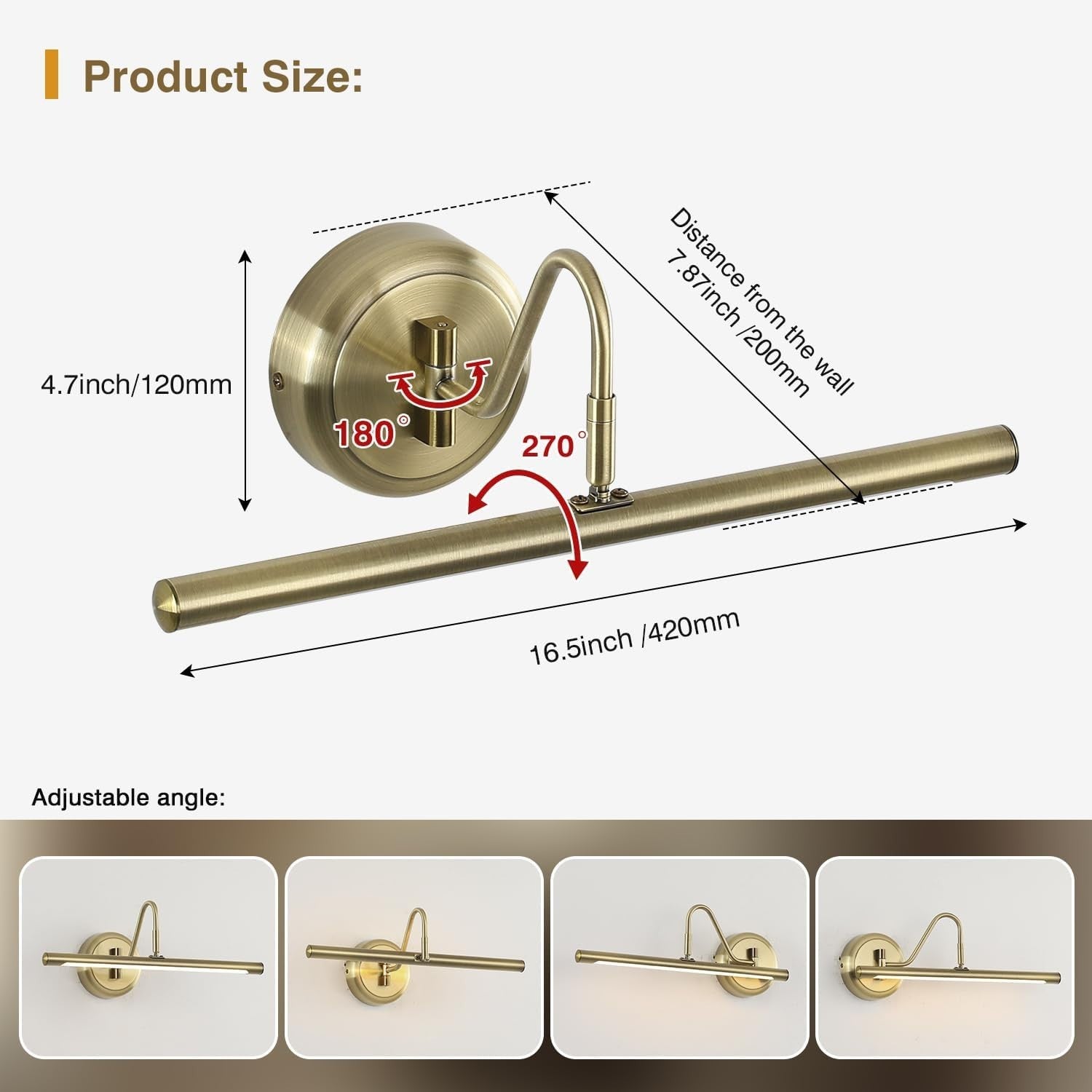 Dimmable LED Picture Light 16.54" Swing Arm, Antique Bronze Accent