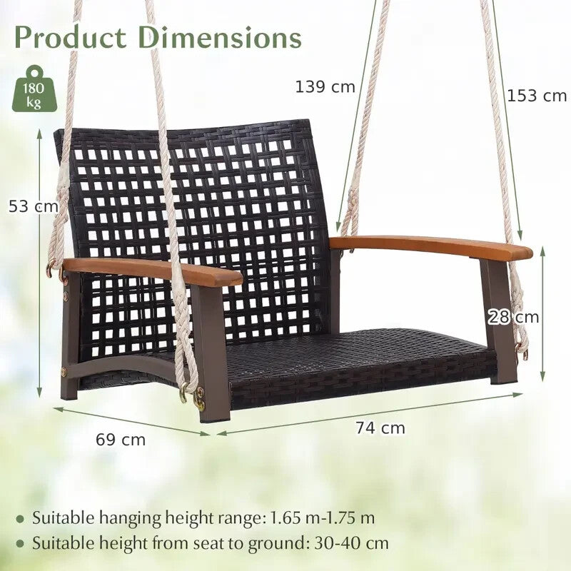 Rattan Porch Swing 2-Seater Acacia Armrests Outdoor Hanging Chair 180 kg