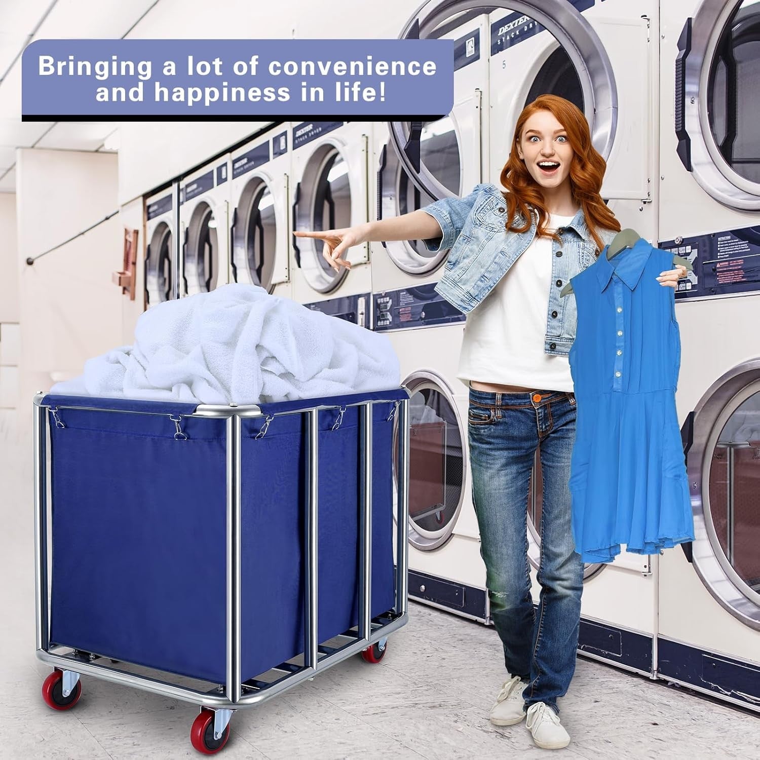 400L Commercial Laundry Cart with Wheels | Heavy Duty Steel Frame Blue Hamper