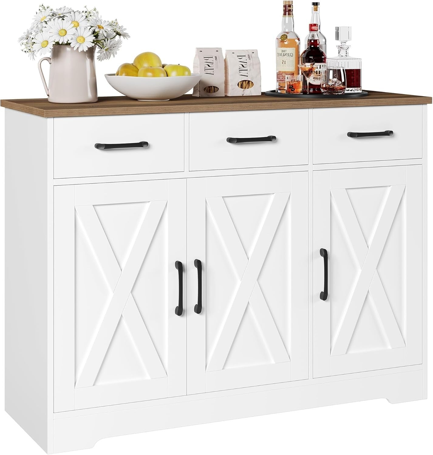 Modern Sideboard Cabinet White Brown – 3 Drawers 3 Doors, 108.5cm Storage