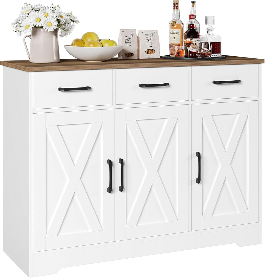 Modern Sideboard Cabinet White Brown – 3 Drawers 3 Doors, 108.5cm Storage