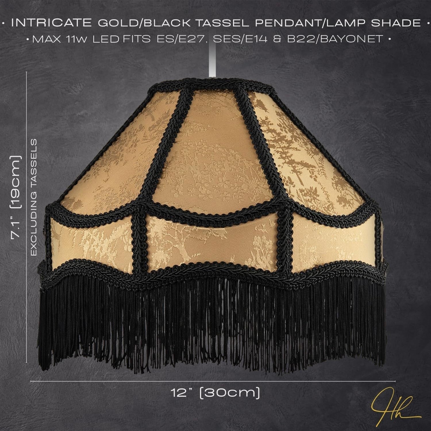 Victorian Gold Shimmer Empire Lampshade Floral Black Tassels 30cm Pendant