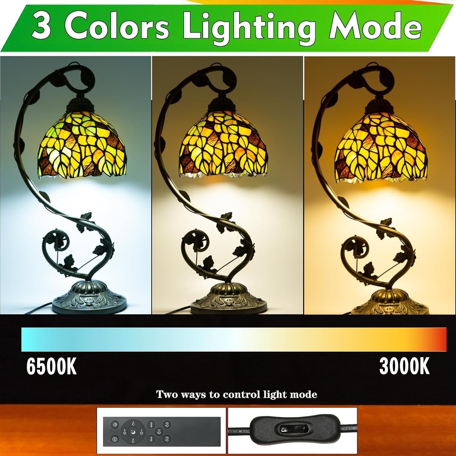 Stained Glass Table Lamp Remote Control Dimmable 3 Color Temp 22x19x52cm