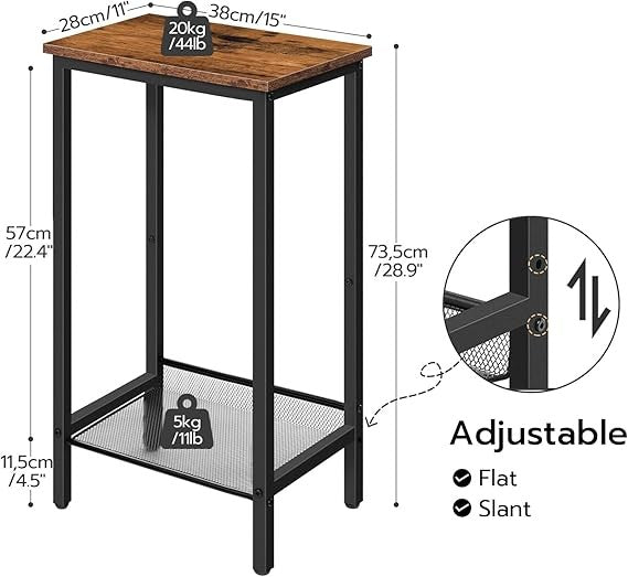 Narrow Tall Side Table with Charging Shelf, 2 Tier Industrial Bedside End Table