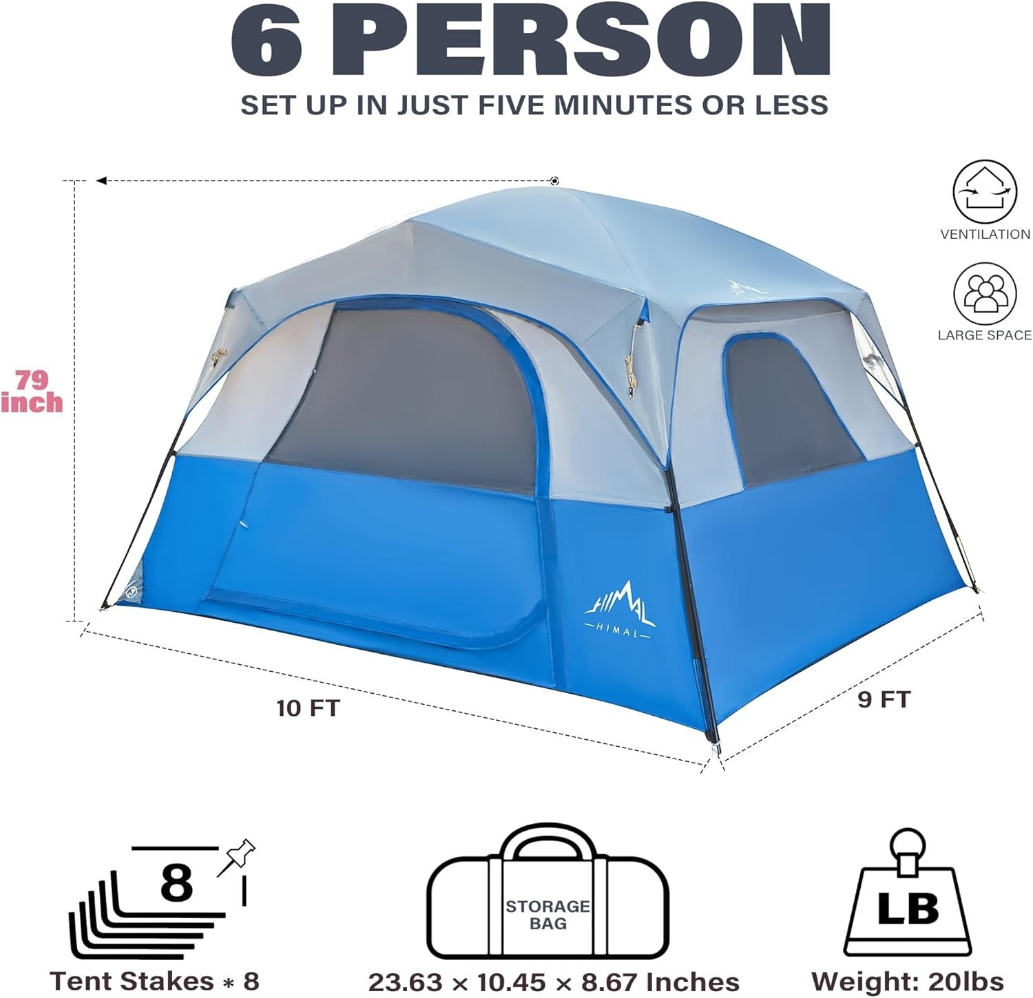 6-Person Cabin Tent Waterproof Windproof Family Camping Shelter