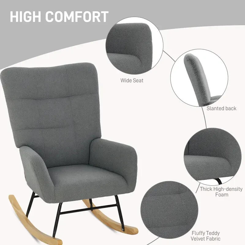Grey Teddy Rocking Chair Armchair with Wood Base for Lounge Bedroom