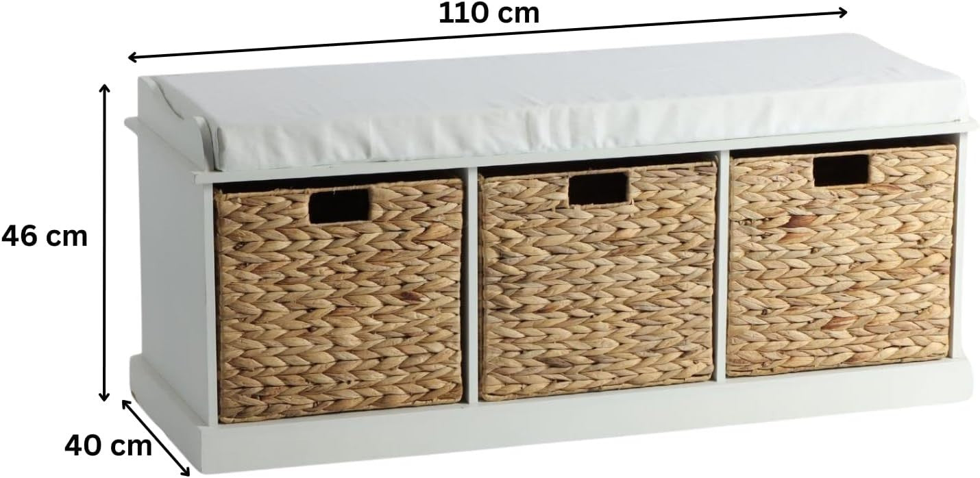 White Shoe Bench with Cushion & 3 Basket Drawers Hallway Storage 110x40x46cm