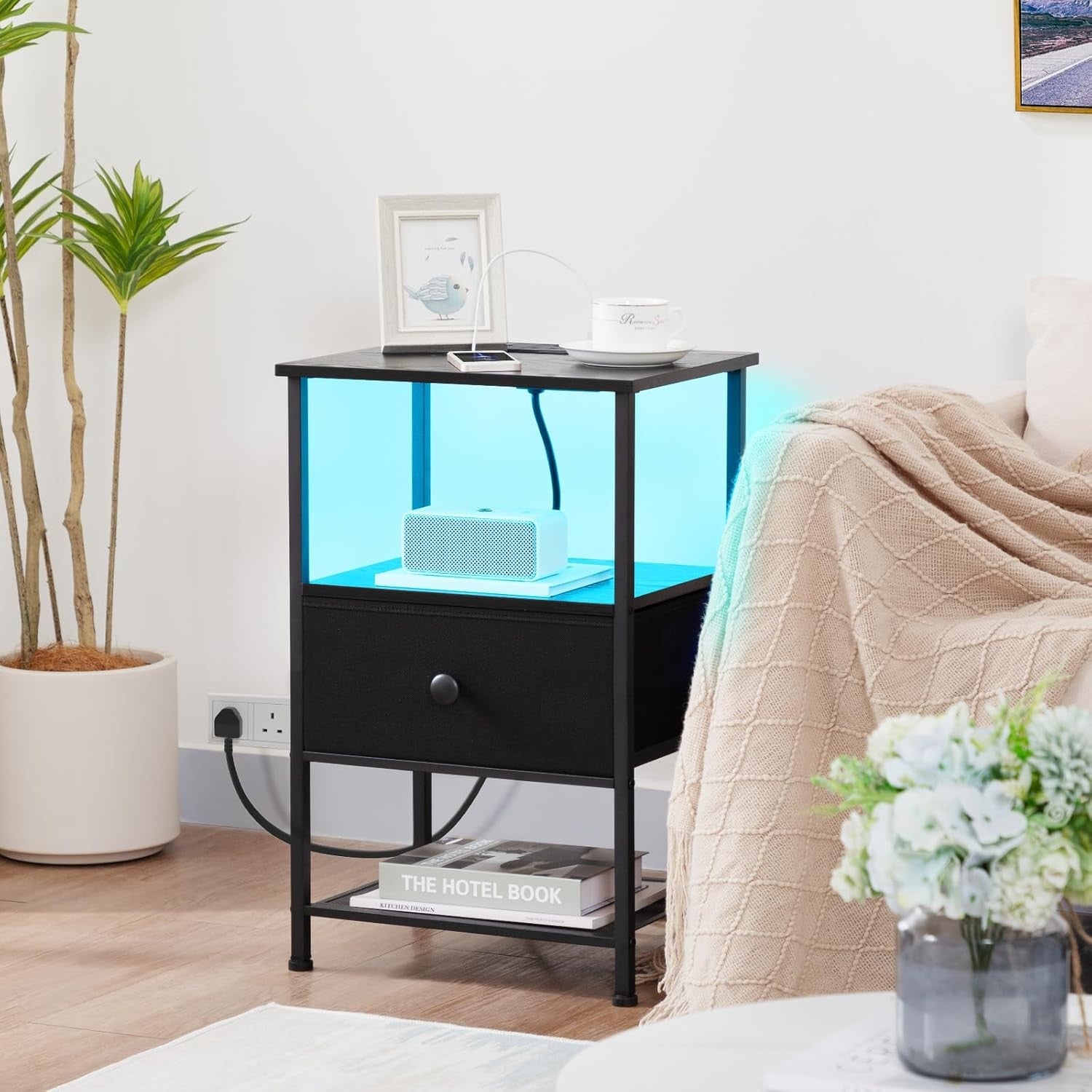 Set of 2 LED Bedside Tables with Charging Station, Fabric Drawer & Storage Shelf
