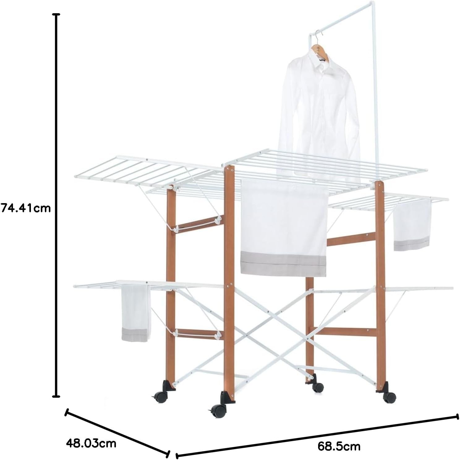 Large Solid Wood Clothes Airer 3 Tier Folding Drying Rack With Wheels