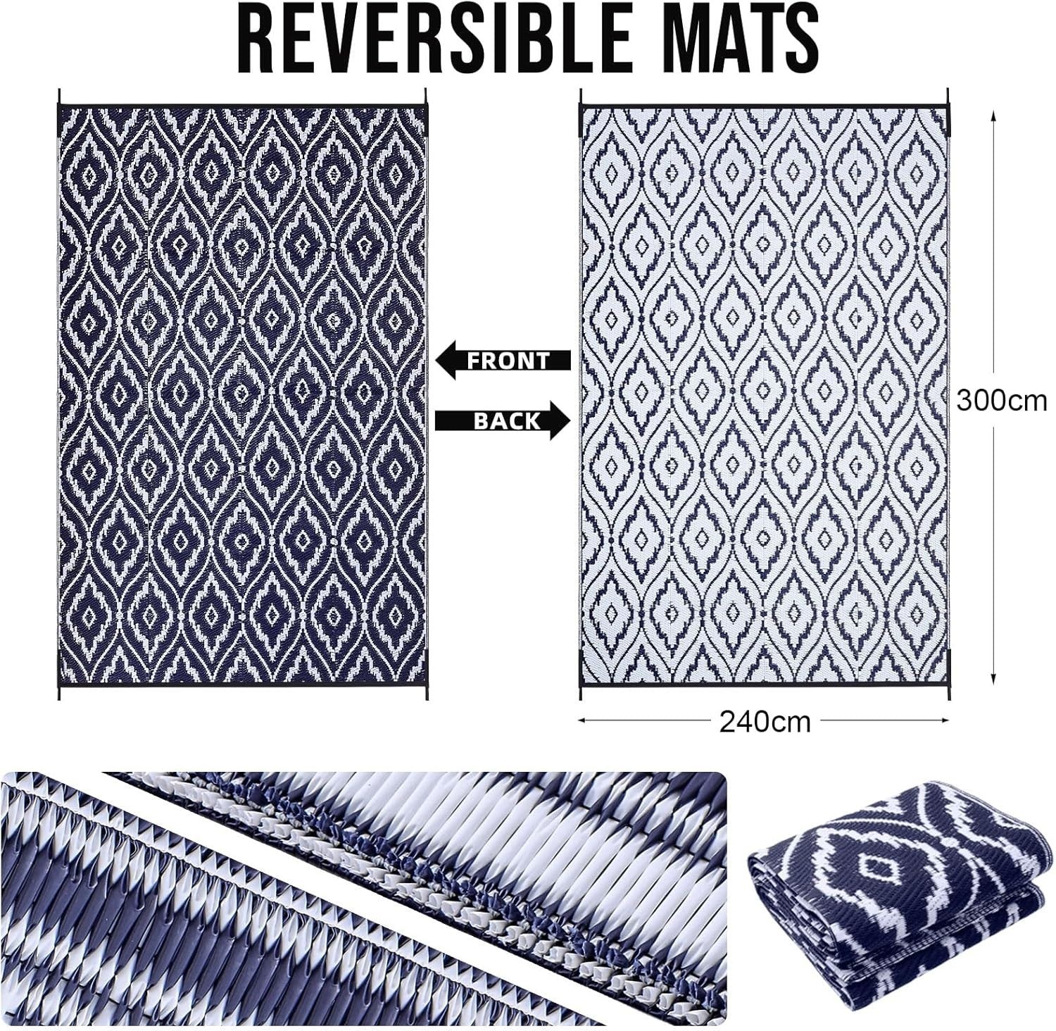 Large Reversible Outdoor Rug Waterproof UV Resistant Patio Garden Mat 240x300cm