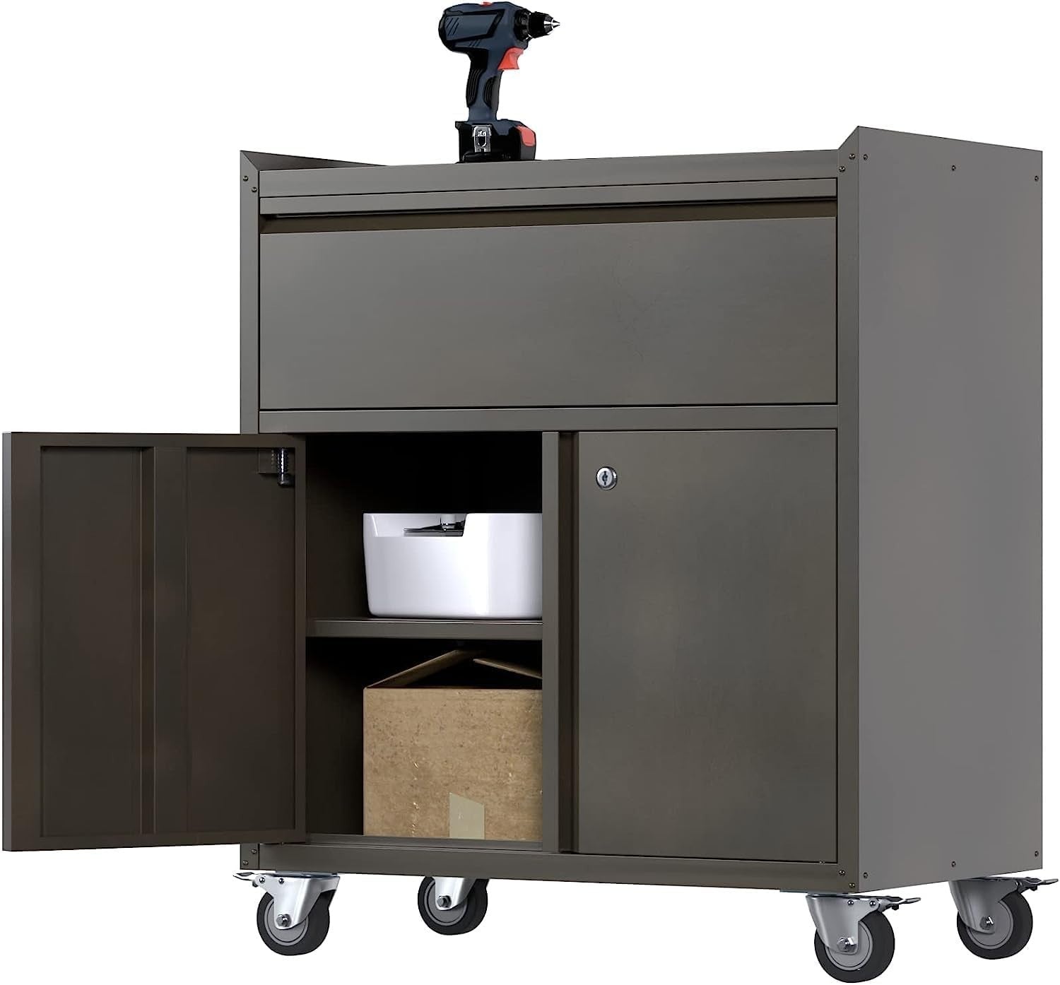 Mobile Steel Storage Cabinet with Wheels, Drawer & Lockable Doors 90H cm