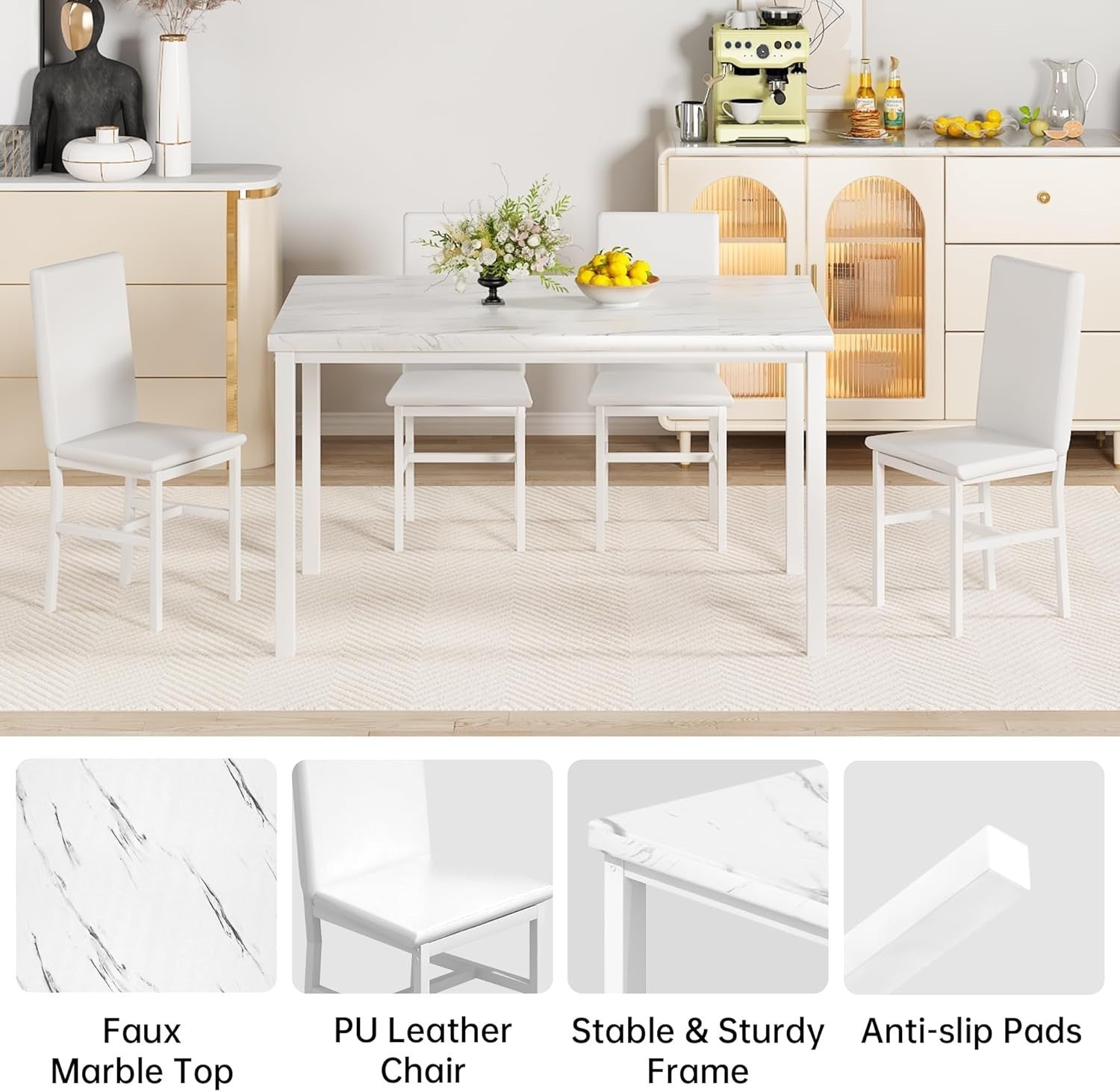 Modern Faux Marble Dining Table Set with 4 PU Leather Chairs - Compact & Stylish