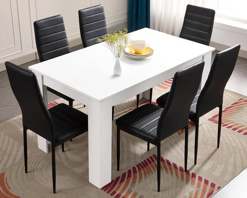 6 Seater White Dining Table Set with Black PU Chairs Modern 140cm