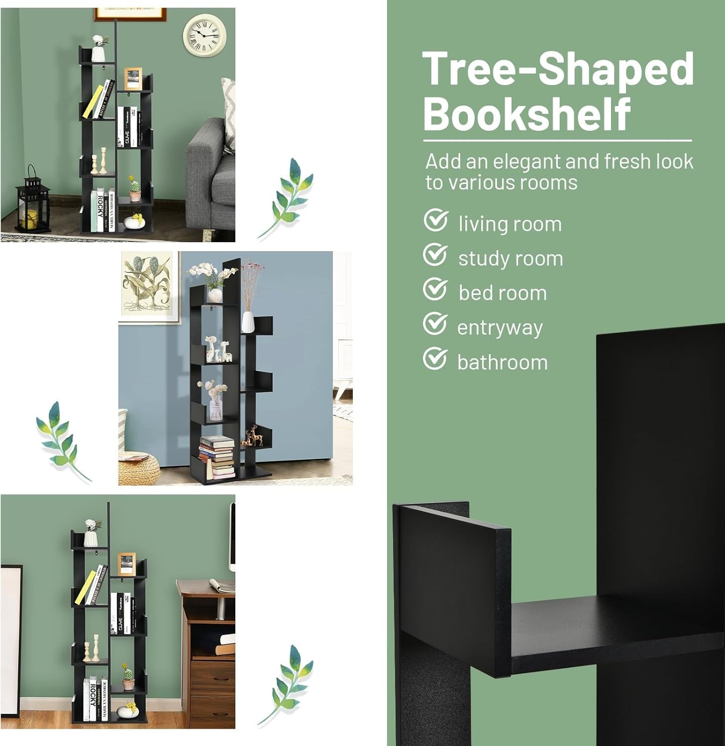 8-Tier Tree Shaped Bookcase Modern Freestanding Storage Shelf Unit Black