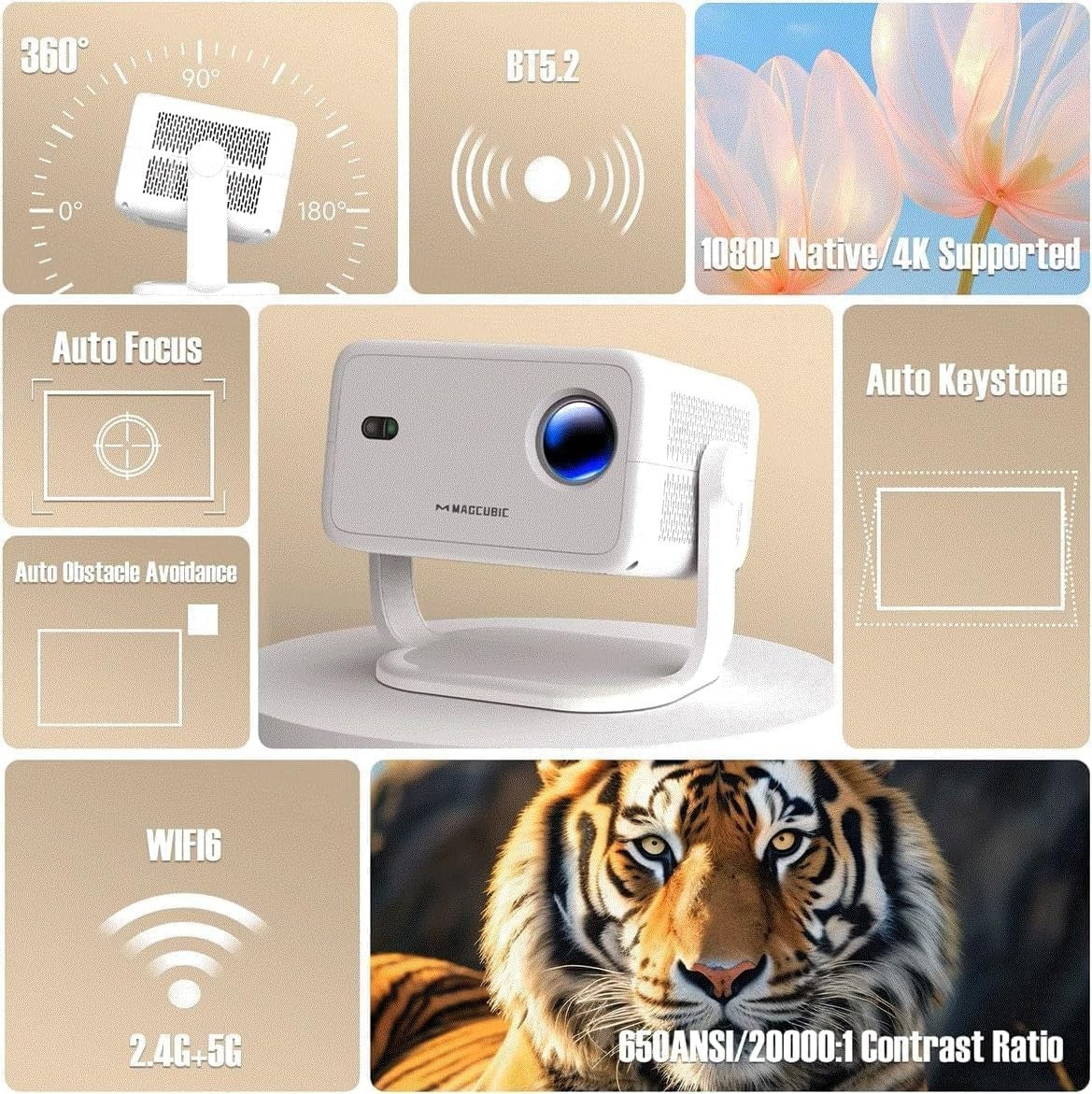 1080P Smart Projector 650 ANSI 4K Android WiFi 6 Bluetooth Auto
