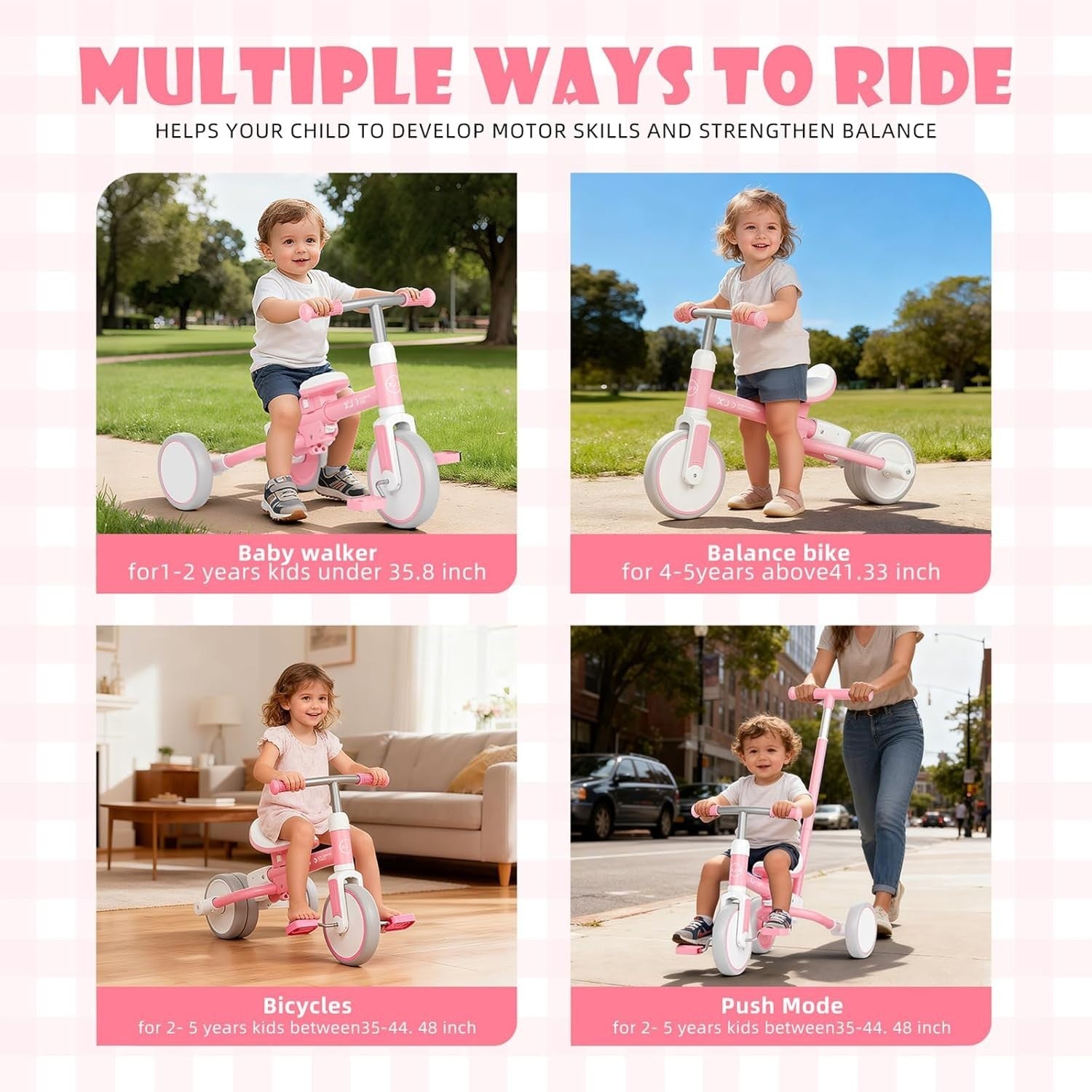 5 in 1 Toddler Tricycle Balance Bike Adjustable Push Handle Pink 1-3Y