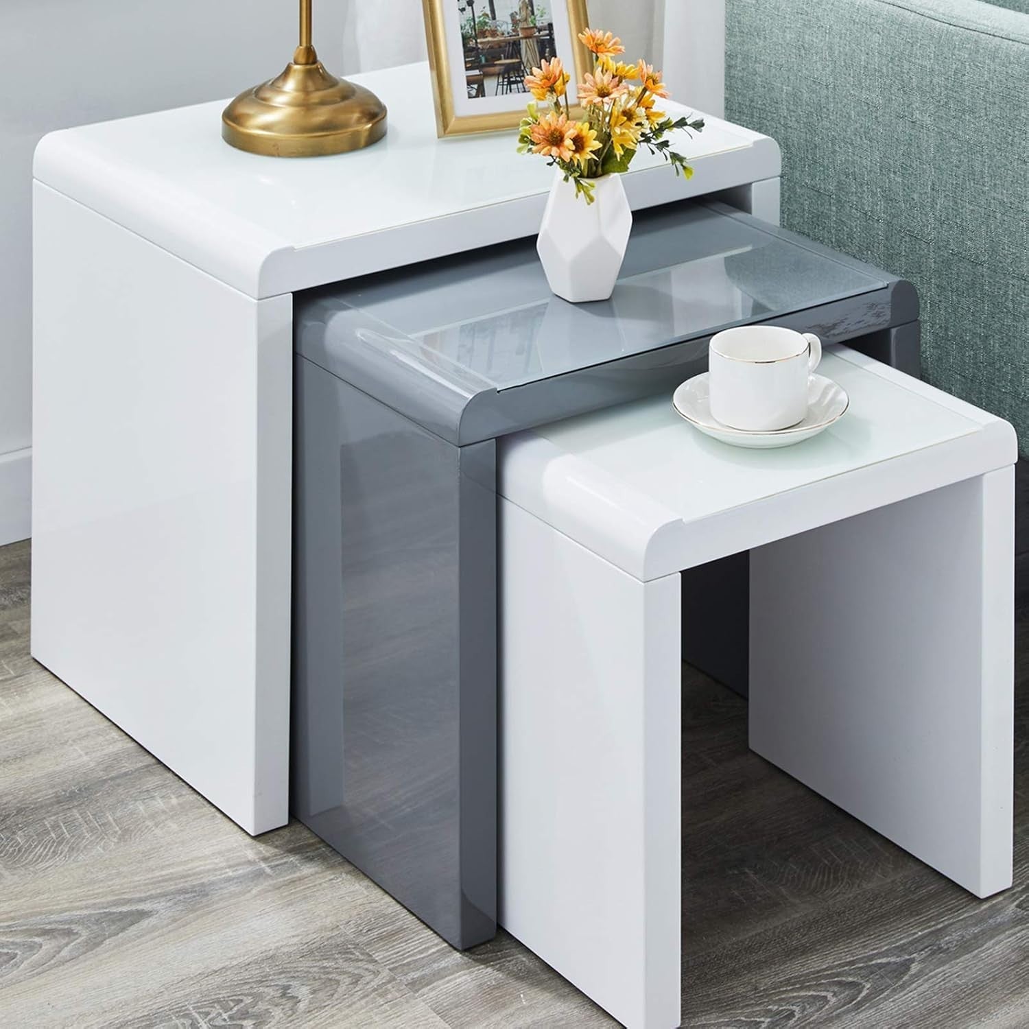 Space Saving Nesting Coffee Table Set Grey/White Tempered Glass Top Modern