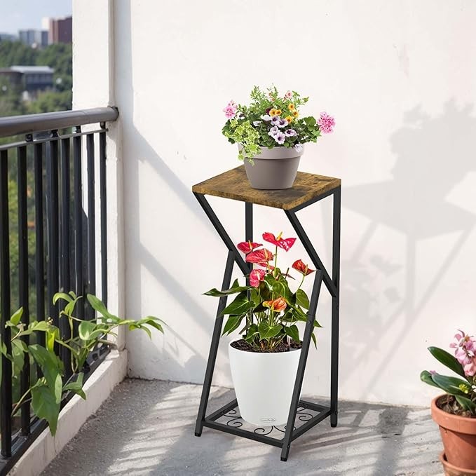 2 Tier Metal Wood Plant Stand Indoor Outdoor Corner Tall Flower Display Rack