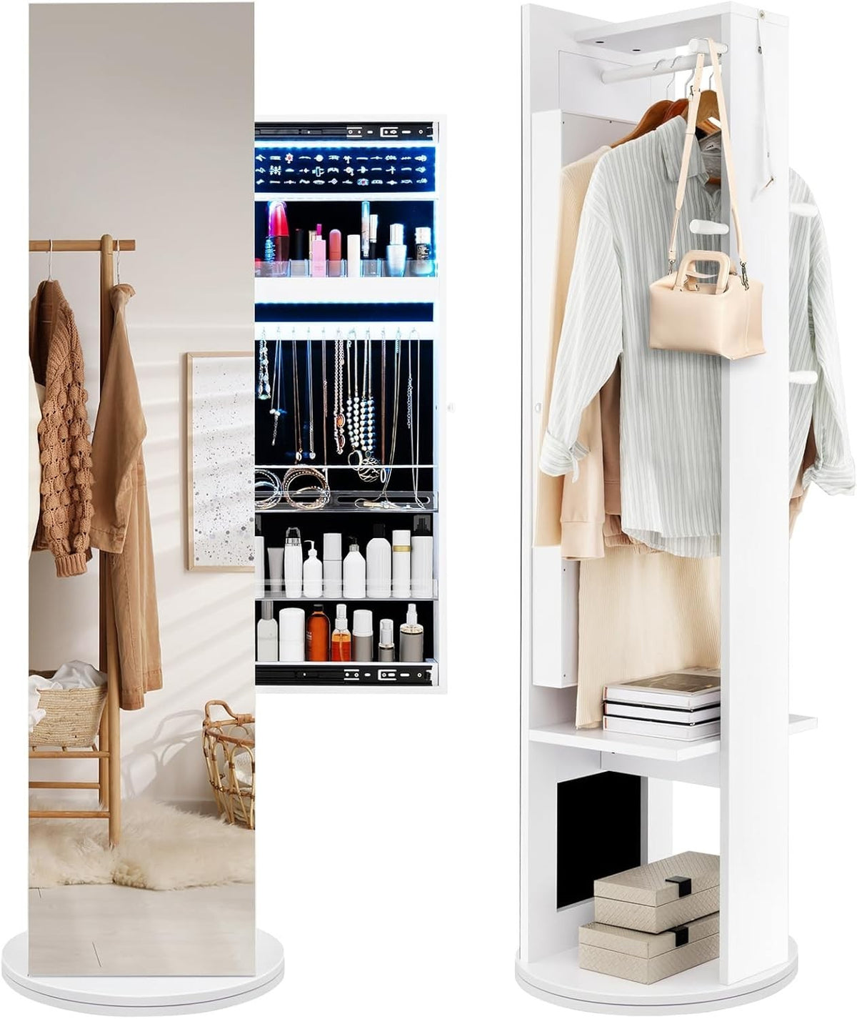 360° Swivel Jewelry Cabinet LED Mirror Coat Rack Storage Organizer