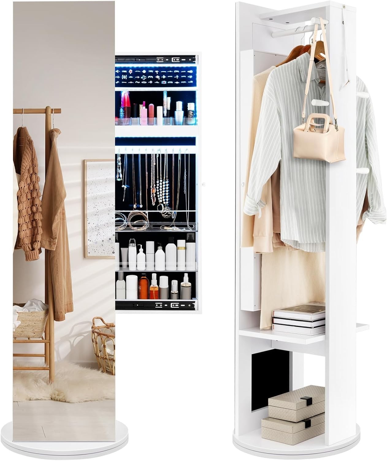 360° Swivel Jewelry Cabinet LED Mirror Coat Rack Storage Organizer
