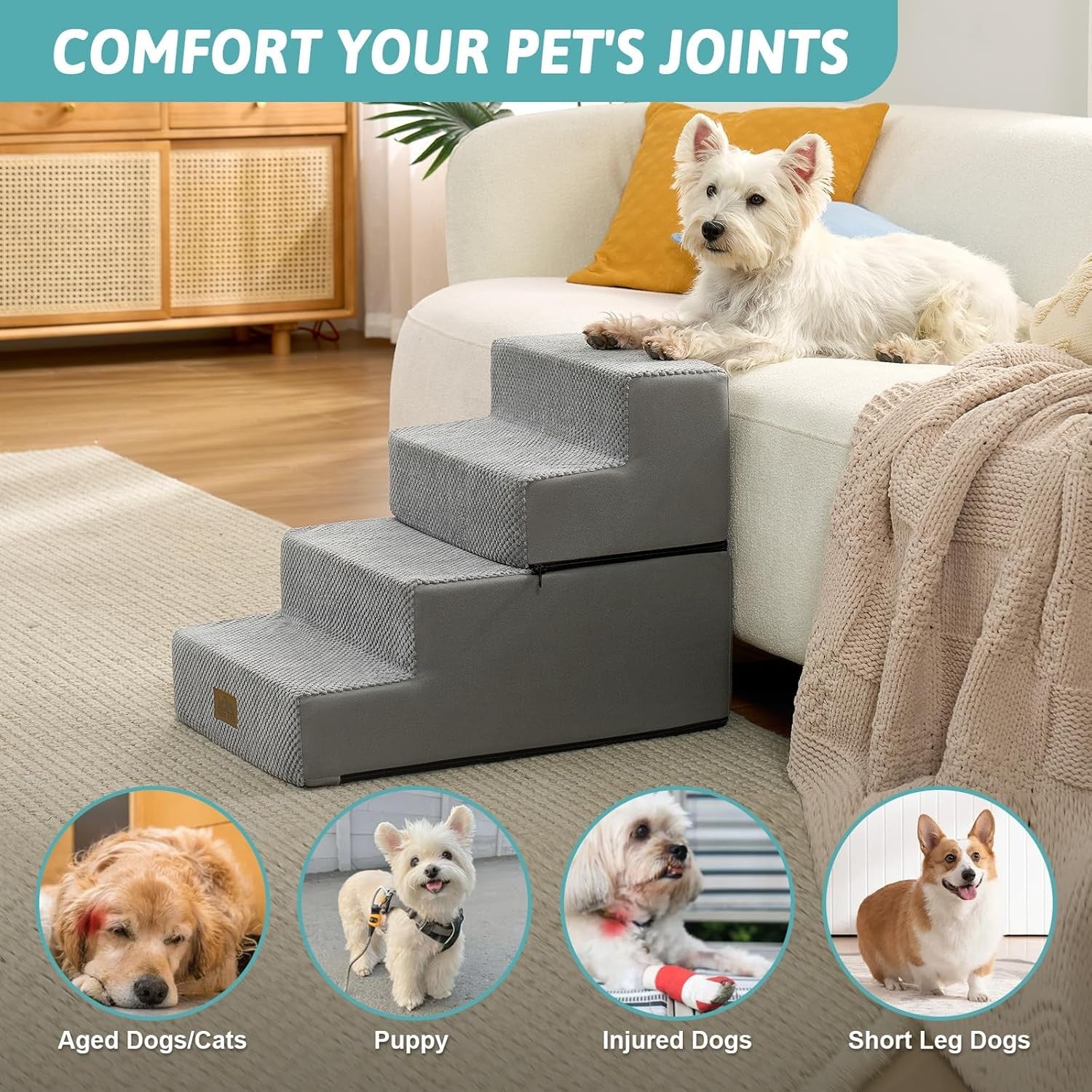 4 Tier Dog Stairs for Small Dogs Non Slip 45cm High Grey