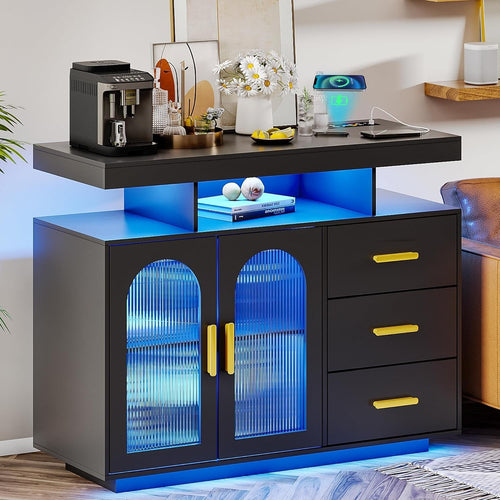Wireless Charging Black  Buffet Cabinet with RGB LED Light & 3 Drawer Storage