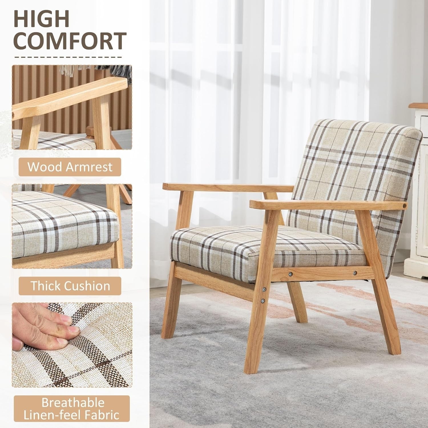 Modern Beige Linen Armchair with Rubberwood Frame – Comfortable 1-Seater Sofa