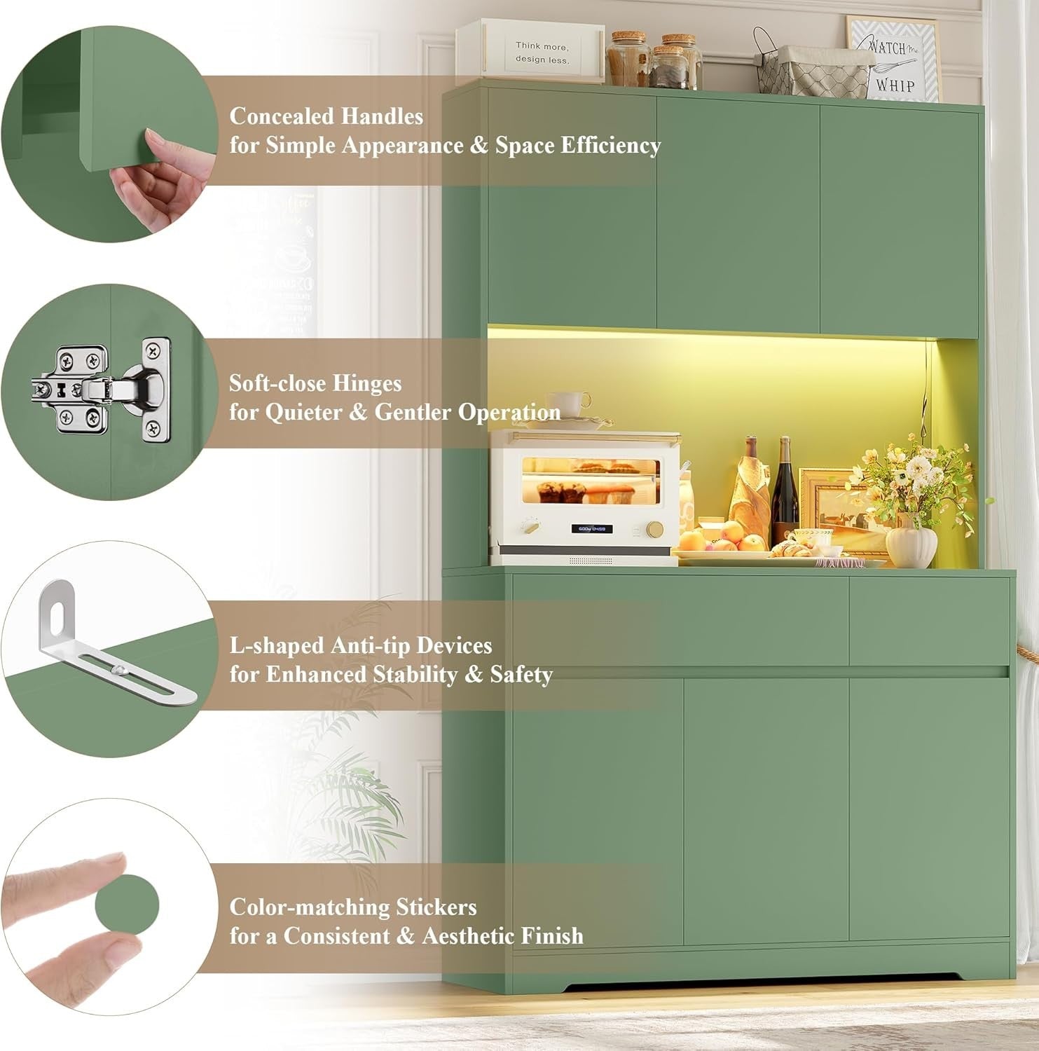 Green 180cm Tall Kitchen Cupboard 6 Doors 2 Drawers LED & Power Outlet