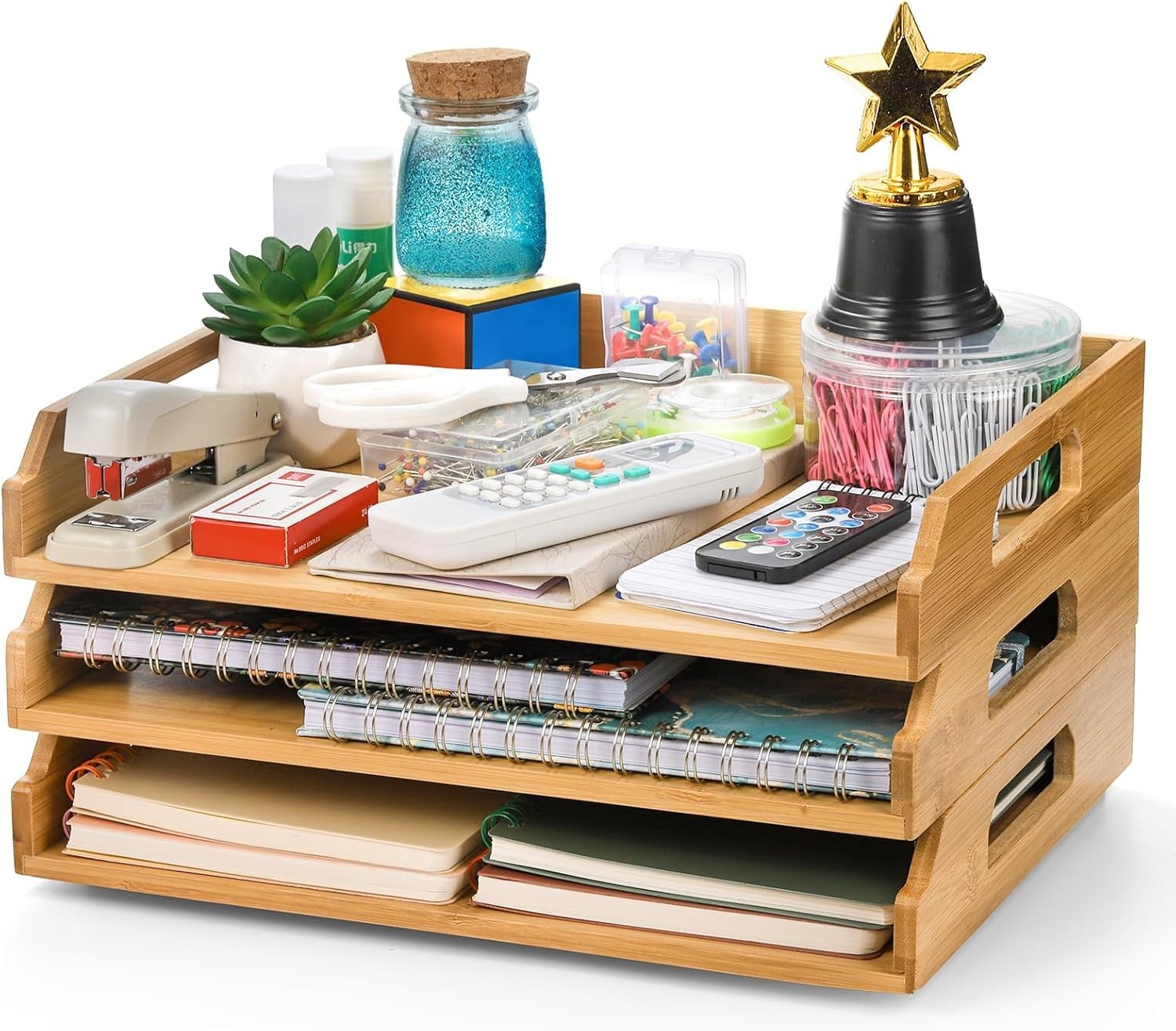 3-Tier Stackable Bamboo Desk Organizer Trays A4 Paper File Storage