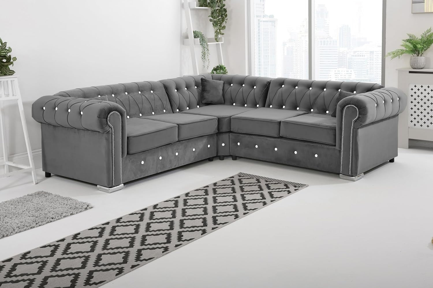 Velvet Chesterfield Corner Sofa – Steel Plush Fabric, Foam Cushions.