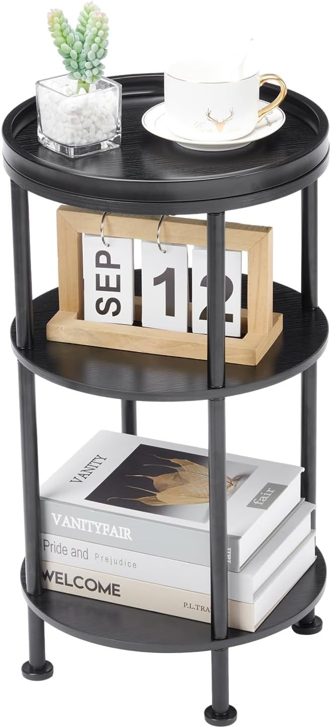 3 Tier Round Side Table with Storage Shelf Metal Frame Small Space 30x55cm