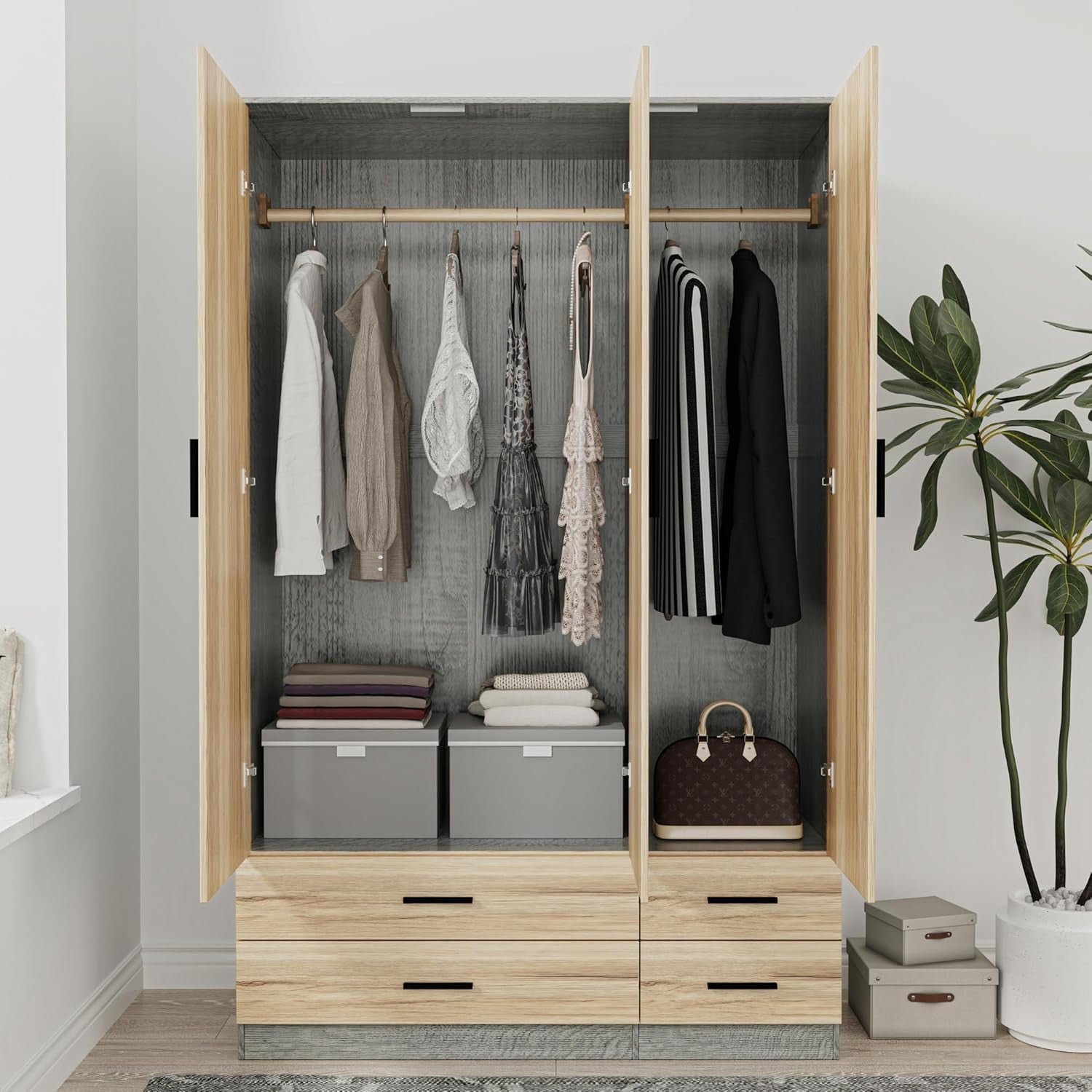 3 Door 4 Drawer Wardrobe Hanging Rail Storage Ash Grey & Oak Bedroom