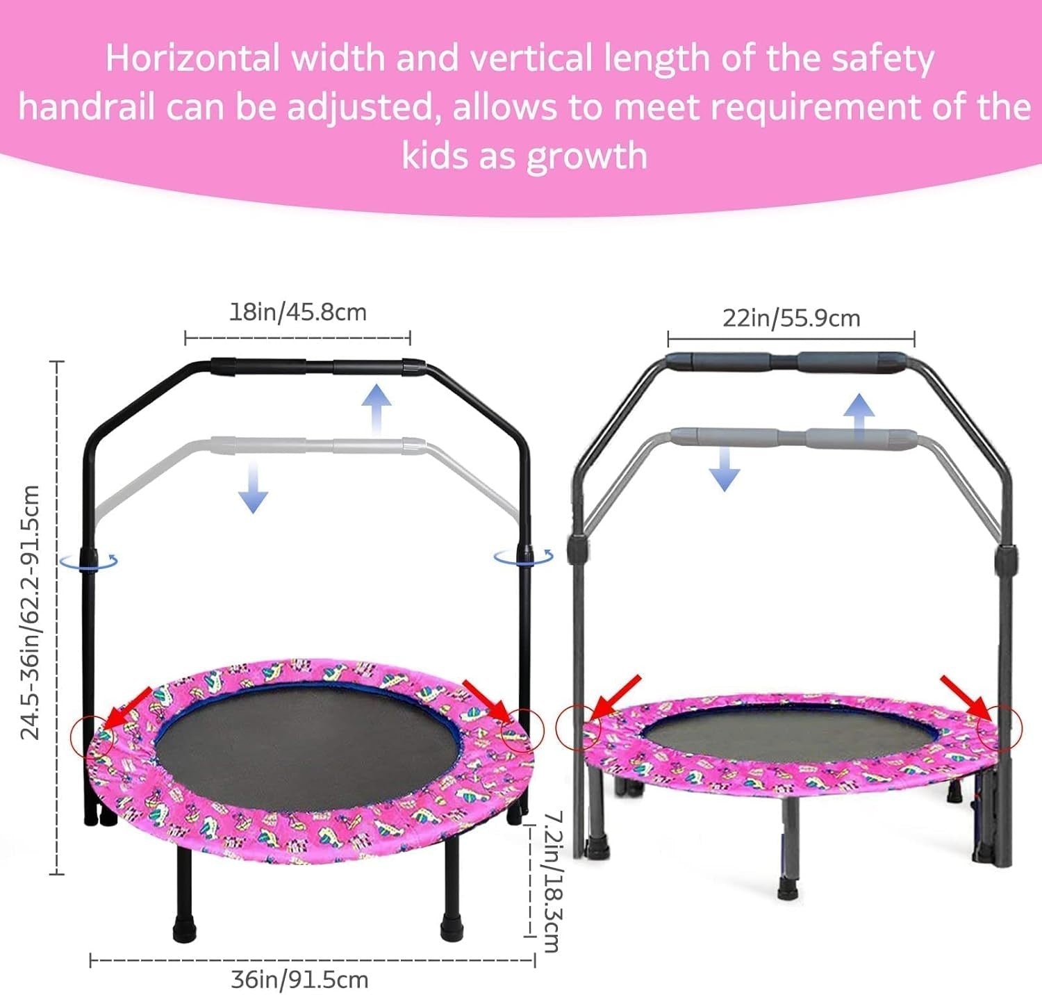36'' Kids Mini Trampoline Quiet Foldable Adjustable Handle Safety Pad