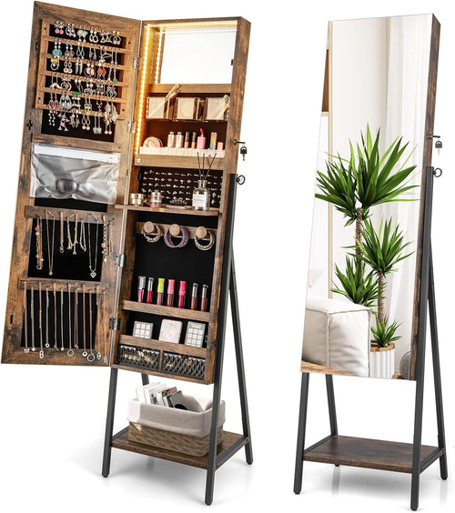 Rustic Brown LED Jewelry Cabinet Mirror Lockable Full Length Storage