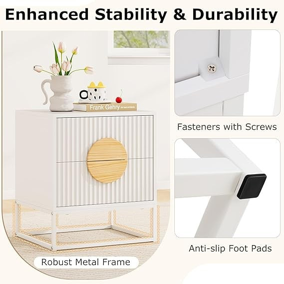 Set of 2 White Modern Bedside Tables – Dual Drawers Metal Frame Wood Accent