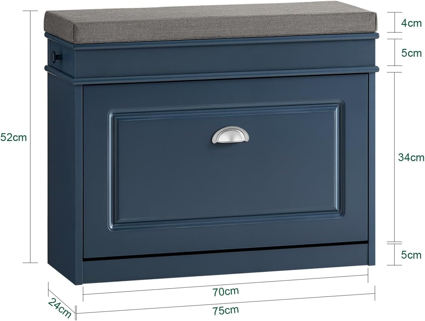 Narrow Shoe Storage Bench with Flip Drawer & Cushion, 150kg Load, Blue