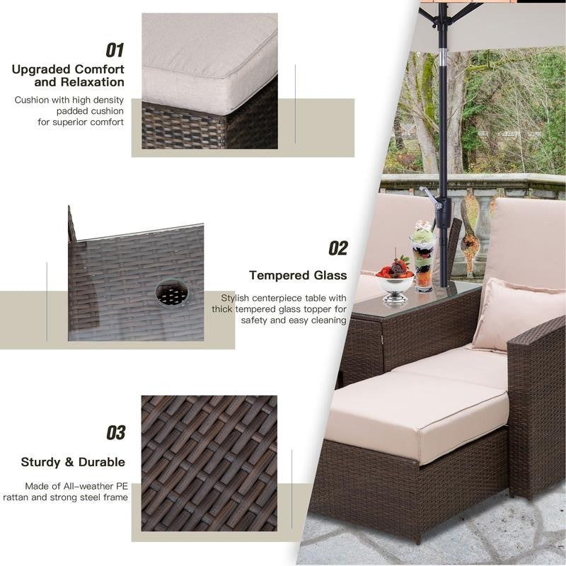 2 Seater Rattan Recliner Sofa Lounger Set w/ Cushions & Glass Table Outdoor
