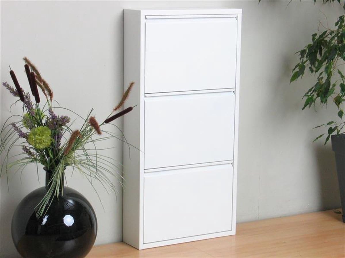 Slim 3-Tier Metal Shoe Cabinet – White Modern Storage Unit with Doors
